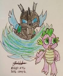 Size: 793x960 | Tagged: safe, artist:rapidsnap, spike, thorax, changeling, dragon, g4, traditional art, transformation