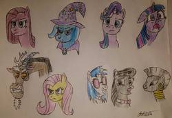 Size: 960x658 | Tagged: safe, artist:rapidsnap, discord, dj pon-3, fluttershy, octavia melody, pinkie pie, starlight glimmer, trixie, twilight sparkle, vinyl scratch, zecora, alicorn, pony, zebra, g4, pinkamena diane pie, simple background, traditional art, twilight sparkle (alicorn), white background