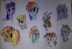 Size: 960x648 | Tagged: safe, artist:rapidsnap, derpy hooves, discord, limestone pie, pipsqueak, rainbow dash, spike, spitfire, sunset shimmer, twilight sparkle, earth pony, pony, g4, floppy ears, traditional art