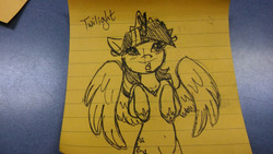 Size: 400x226 | Tagged: safe, artist:katkathasahathat, twilight sparkle, alicorn, pony, g4, belly button, bipedal, crown, female, hooves to the chest, jewelry, lined paper, princess shoes, regalia, solo, traditional art, twilight sparkle (alicorn)
