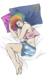 Size: 545x899 | Tagged: safe, artist:pockypocky, rainbow dash, human, g4, bed, clothes, color, female, humanized, midriff, pajamas, pillow, sketch, sleeping, snuggling, solo, tank top, wondercolts