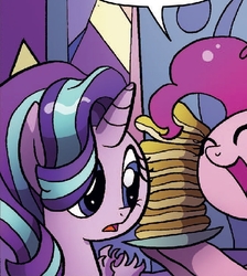 Size: 465x519 | Tagged: safe, artist:agnesgarbowska, idw, official comic, pinkie pie, spike, starlight glimmer, pony, unicorn, g4, spoiler:comic, spoiler:comic46, cropped, female, food, mare, pancakes