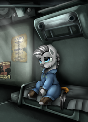 Size: 2550x3509 | Tagged: safe, artist:pridark, oc, oc only, oc:haefen, zebra, fallout equestria, bed, bedroom, boots, clothes, commission, high res, jumpsuit, poster, sad, shoes, sitting, solo, stable (vault), stable-tec, vault, vault suit