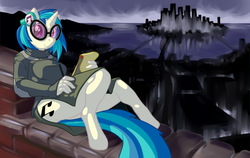 Size: 1920x1214 | Tagged: safe, artist:halcy0n, dj pon-3, vinyl scratch, anthro, unguligrade anthro, g4, city, cityscape, clothes, female, futuristic, rooftop, sitting, solo, sunglasses