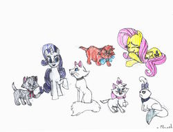 Size: 3281x2496 | Tagged: safe, artist:endlesswire94, fluttershy, opalescence, rarity, cat, g4, berlioz, crossover, disgusted, disney, duchess, giggling, grossed out, high res, hissing, kitten, laughing, marie, the aristocats, tongue out, toulouse, traditional art