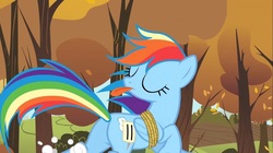 Size: 1100x618 | Tagged: safe, screencap, rainbow dash, pegasus, pony, fall weather friends, g4, bound wings, butt, eyes closed, female, mare, plot, rainbow douche, rainbutt dash, solo, tongue out
