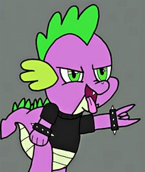 Size: 1535x1814 | Tagged: safe, artist:dachosta, spike, dragon, g4, bracelet, clothes, devil horn (gesture), green eyes, heavy metal, jewelry, male, purple, rock (music), shirt, smiling, solo, spiked wristband, tongue out, wristband