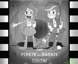 Size: 2322x1925 | Tagged: safe, artist:the-butch-x, pinkie pie, rainbow dash, equestria girls, g4, 30s, bendy and the ink machine, black and white cartoon, boots, clothes, compression shorts, disney, duo, film grain, film reel, gloves, looking at you, monochrome, old timey, open mouth, raised leg, retro, rubber hose animation, shorts, skirt, socks, style emulation