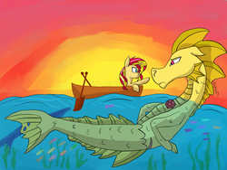 Size: 2048x1536 | Tagged: safe, artist:missshadowkiller, adagio dazzle, sunset shimmer, fish, pony, siren, unicorn, g4, boat, female, lesbian, mare, ship:sunsagio, shipping