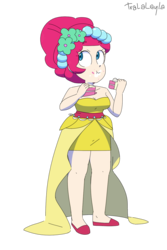 Size: 900x1350 | Tagged: safe, artist:tralalayla, pinkie pie, human, a canterlot wedding, g4, bare shoulders, bridesmaid dress, cake, clothes, cute, diapinkes, dress, eating, female, food, humanized, simple background, solo, transparent background