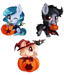 Size: 1024x1196 | Tagged: safe, artist:hikariviny, oc, oc only, bat, bat pony, pony, chibi, cute, food, halloween, holiday, jack-o-lantern, pumpkin, trio