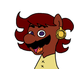 Size: 640x600 | Tagged: safe, artist:ficficponyfic, edit, oc, oc only, oc:ruby rouge, earth pony, pony, colt quest, child, clothes, color, colored, ear piercing, earring, facial hair, female, filly, foal, jewelry, magic, male, mario, monochrome, moustache, piercing, solo, super mario bros., talking to viewer