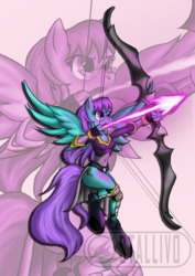 Size: 900x1273 | Tagged: safe, artist:sonicpegasus, oc, oc only, oc:iris, pegasus, anthro, unguligrade anthro, anthro oc, archer, belly button, bow (weapon), female, glasses, midriff, solo, watermark, zoom layer