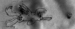 Size: 2475x949 | Tagged: safe, artist:splitframe, artist:splitty-splitframe, derpy hooves, pegasus, pony, g4, female, flying, food, mare, muffin, pencil drawing, solo, traditional art