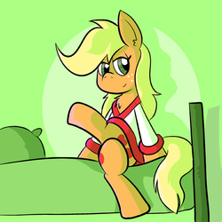 Size: 576x576 | Tagged: safe, artist:pembroke, applejack, g4, bed, clothes, crossed legs, female, looking at you, solo