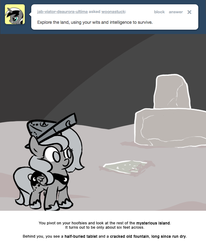 Size: 666x809 | Tagged: safe, artist:egophiliac, princess luna, moonstuck, g4, cartographer's cap, female, filly, fountain, hat, monochrome, moon, solo, tablet, tumblr, woona, younger