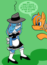 Size: 576x792 | Tagged: safe, artist:pembroke, oc, oc only, oc:cold front, pony, angry, antibunny, breasts, cleavage, clothes, dialogue, dress, female, glasses, hat, high heels, maid, male, rule 63, sad, stallion, stockings