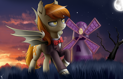 Size: 2560x1646 | Tagged: safe, artist:supermare, oc, oc only, oc:batmiller, bat pony, pony, moon, solo, twilight (astronomy), windmill