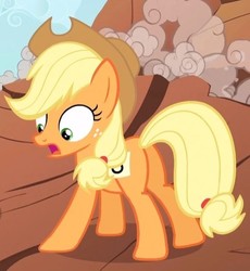 Size: 474x516 | Tagged: safe, screencap, applejack, earth pony, pony, fall weather friends, g4, cropped, female, freckles, mare, open mouth, solo