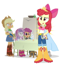 Size: 990x1075 | Tagged: safe, artist:dm29, apple bloom, applejack, scootaloo, sweetie belle, equestria girls, g4, apple, blushing, bra, bra stuffing, clothes, coffee, comic book, cute, cutie mark crusaders, dressup, embarrassed, fake breasts, food, frilly underwear, julian yeo is trying to murder us, pink underwear, simple background, spill, superhero, transparent background, underwear