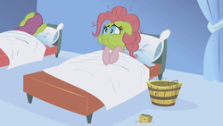 Size: 1280x720 | Tagged: safe, screencap, cherry punch, pinkie pie, earth pony, pony, applebuck season, g4, back of head, baked bads, bed, bucket, female, green face, mare, puffy cheeks, sick