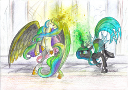 Size: 3501x2468 | Tagged: dead source, safe, artist:sweeterwho, princess celestia, queen chrysalis, alicorn, changeling, changeling queen, pony, g4, female, fight, glowing horn, horn, traditional art