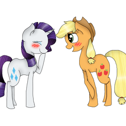 Size: 512x512 | Tagged: safe, artist:vicky181, applejack, rarity, pony, g4, blushing, crossed hooves, duo, eyeshadow, female, giggling, lesbian, makeup, mare, open mouth, ship:rarijack, shipping, simple background, white background