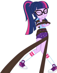 Size: 3000x3822 | Tagged: safe, artist:uponia, sci-twi, twilight sparkle, equestria girls, g4, my little pony equestria girls: legend of everfree, clothes, converse, eyes closed, female, glasses, high res, shoes, shorts, simple background, sneakers, socks, solo, struggling, transparent background, vector