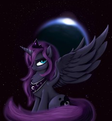 Size: 3219x3490 | Tagged: safe, artist:rameslack, princess luna, g4, chest fluff, female, high res, planet, solo, space, spread wings, stars