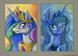 Size: 1392x1000 | Tagged: safe, artist:lexx2dot0, princess celestia, princess luna, g4, bust, gouache, portrait, royal sisters, traditional art