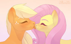 Size: 1024x631 | Tagged: safe, artist:pitenpon, applejack, fluttershy, g4, blushing, eyes closed, female, freckles, hatless, lesbian, licking, mare, missing accessory, ship:appleshy, shipping, smiling, tongue out