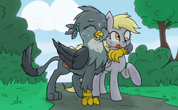 Size: 3235x2000 | Tagged: safe, artist:corsairsedge, derpy hooves, gabby, griffon, pegasus, pony, g4, arm around neck, cute, derpabetes, female, friendshipping, gabbybetes, grin, high res, hug, mail, mailmare, mare, nose wrinkle, raised hoof, saddle bag, side hug, smiling, tongue out