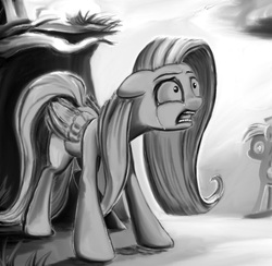 Size: 860x840 | Tagged: safe, artist:ponsce, fluttershy, g4, crying, ears back, folded wings, grayscale, looking at something, monochrome, open mouth, scared, standing