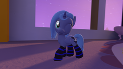 Size: 1920x1080 | Tagged: safe, artist:christian69229, princess luna, g4, 3d, clothes, female, filly, one eye closed, socks, solo, source filmmaker, striped socks, wink, woona, younger