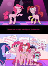 Size: 1228x1688 | Tagged: safe, artist:ultrathehedgetoaster, pacific glow, pinkie pie, twilight sparkle, earth pony, pony, the clone that got away, g4, the saddle row review, too many pinkie pies, bipedal, blatant lies, clone, comic, covered cutie mark, crying, diane, female, mare, nervous, ocular gushers, paper-thin disguise, pinkie clone, scrunchy face, stuttering, sweat, sweatdrop
