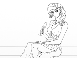 Size: 1024x768 | Tagged: safe, artist:eulicious, rarity, human, g4, alcohol, champagne, clothes, dress, female, hairpin, humanized, jewelry, looking at you, monochrome, sketch, solo, wine