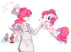 Size: 1181x874 | Tagged: safe, artist:kia08, pinkie pie, human, g4, apron, chef's hat, clothes, cupcake, cute, diapinkes, ear piercing, earring, food, hat, heart, human ponidox, humanized, jewelry, missing cutie mark, nail polish, piercing, self ponidox, simple background, tray, white background