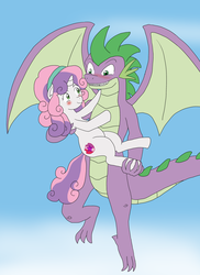 Size: 1024x1408 | Tagged: safe, artist:wasill-da, spike, sweetie belle, g4, bridal carry, carrying, cutie mark, flying, male, older, ship:spikebelle, shipping, sky, straight, the cmc's cutie marks, winged spike, wings