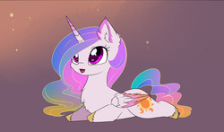 Size: 1280x752 | Tagged: safe, artist:magnaluna, princess celestia, alicorn, pony, g4, chest fluff, chibi, colored wings, colored wingtips, cute, cutelestia, ear fluff, female, fluffy, heart eyes, looking up, open mouth, prone, smiling, solo, sploot, wingding eyes