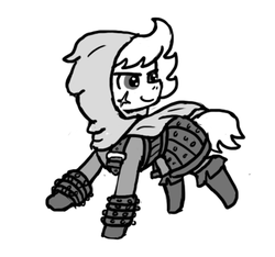 Size: 640x600 | Tagged: safe, artist:ficficponyfic, oc, oc only, oc:ruby rouge, earth pony, pony, colt quest, adult, armor, belt, boots, female, hood, mare, monochrome, scar, smirk, sneer, solo