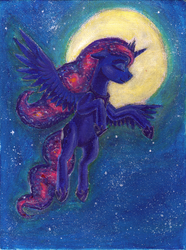 Size: 900x1210 | Tagged: safe, artist:sa1ntmax, princess luna, g4, acrylic painting, female, flying, moon, solo, spread wings, stars, traditional art