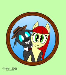 Size: 2700x3054 | Tagged: safe, artist:derpanater, oc, oc only, oc:toothpick, changeling, clothes, fedora, female, happy, hat, high res, husband and wife, looking at you, male, necktie, picture, picture frame, simple background, smiling, toothy grin