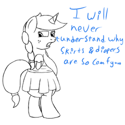 Size: 1000x1000 | Tagged: safe, artist:spritepony, oc, oc only, oc:sprite, alicorn, pony, alicorn oc, bipedal, black and white, clothes, diaper, female, from behind, grayscale, looking back, monochrome, non-baby in diaper, poofy diaper, sketch, skirt, solo, speech, text