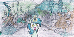 Size: 2171x1089 | Tagged: safe, artist:pandan009, lyra heartstrings, pony, unicorn, g4, everfree forest, female, forest, magic, smiling, solo, traditional art