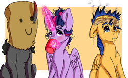 Size: 1024x626 | Tagged: safe, artist:loladotz, flash sentry, king sombra, twilight sparkle, alicorn, pony, g4, butter, coffee mug, disguise, drinking, fanfic art, food, hiding, magic, mug, pancakes, sack, smiling, telekinesis, twilight sparkle (alicorn)