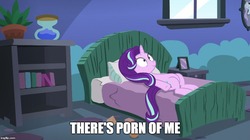 Size: 888x499 | Tagged: safe, edit, edited screencap, screencap, starlight glimmer, pony, unicorn, every little thing she does, g4, bed, female, image macro, implied porn, mare, meme, meta, on back, pillow, realization, solo, starlight bedridden