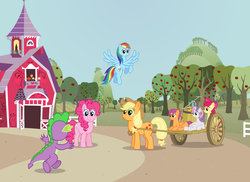 Size: 1024x745 | Tagged: safe, artist:malte279, apple bloom, applejack, pinkie pie, rainbow dash, scootaloo, spike, sweetie belle, lessons in quirks, g4, cutie mark crusaders, fanfic art, sweet apple acres