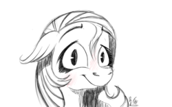 Size: 1280x800 | Tagged: safe, artist:buttersflutterscotch, fluttershy, pegasus, pony, g4, bust, female, floppy ears, looking at you, monochrome, portrait, simple background, sketch, smiling, solo, stray strand, white background
