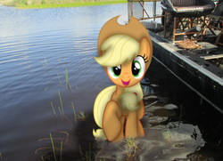 Size: 1504x1088 | Tagged: safe, artist:riniginianna, applejack, g4, airboat, boat, everglades, florida, irl, looking at you, photo, ponies in real life, shadow, solo, swamp, vector, water