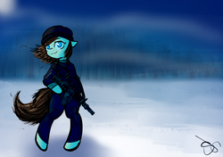 Size: 1024x720 | Tagged: safe, artist:asklemonice, artist:stopandsmile, oc, oc only, pony, :3, aks-74u, beanie, bipedal, clothes, cute, gun, hat, looking at you, moon, rifle, signature, simple background, smiling, snow, solo, suppressor, weapon, wind, windswept mane, winter
